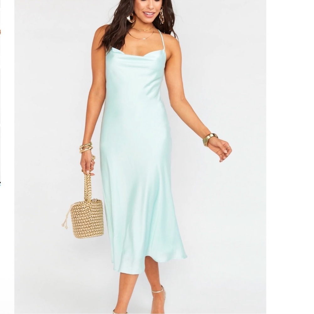 Show Me Your Mumu Verona Cowl Mint Satin Midi Dress
